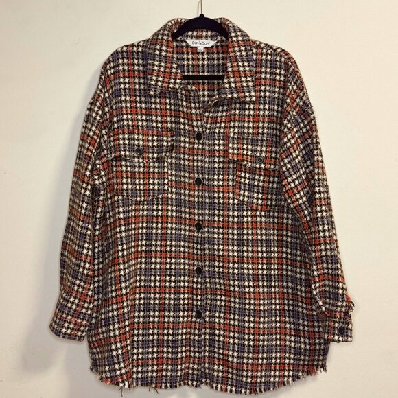Davi&Dani Women's Size Large Oversized Plaid Button-Up Jacket/Shacket Fringed - Picture 1 of 8